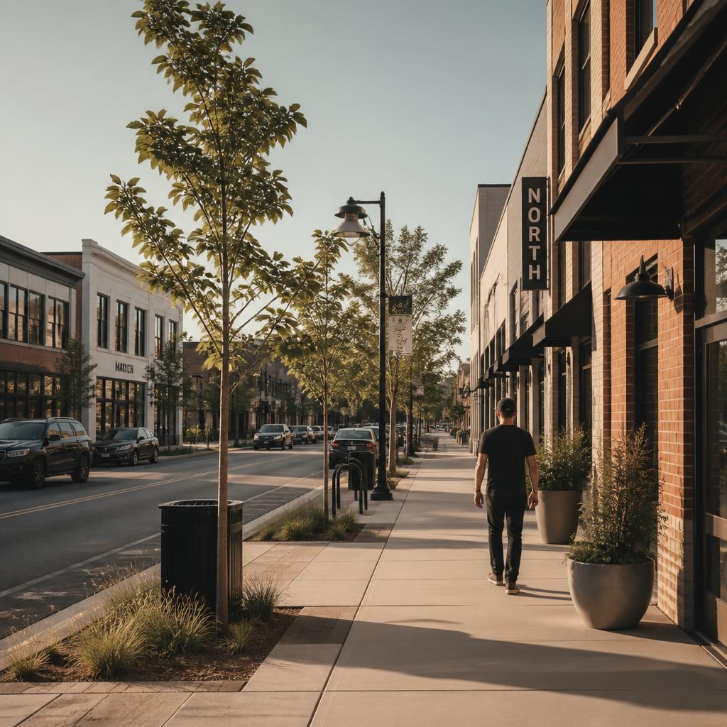 Newly built small-city street with contemporary storefronts and young street trees