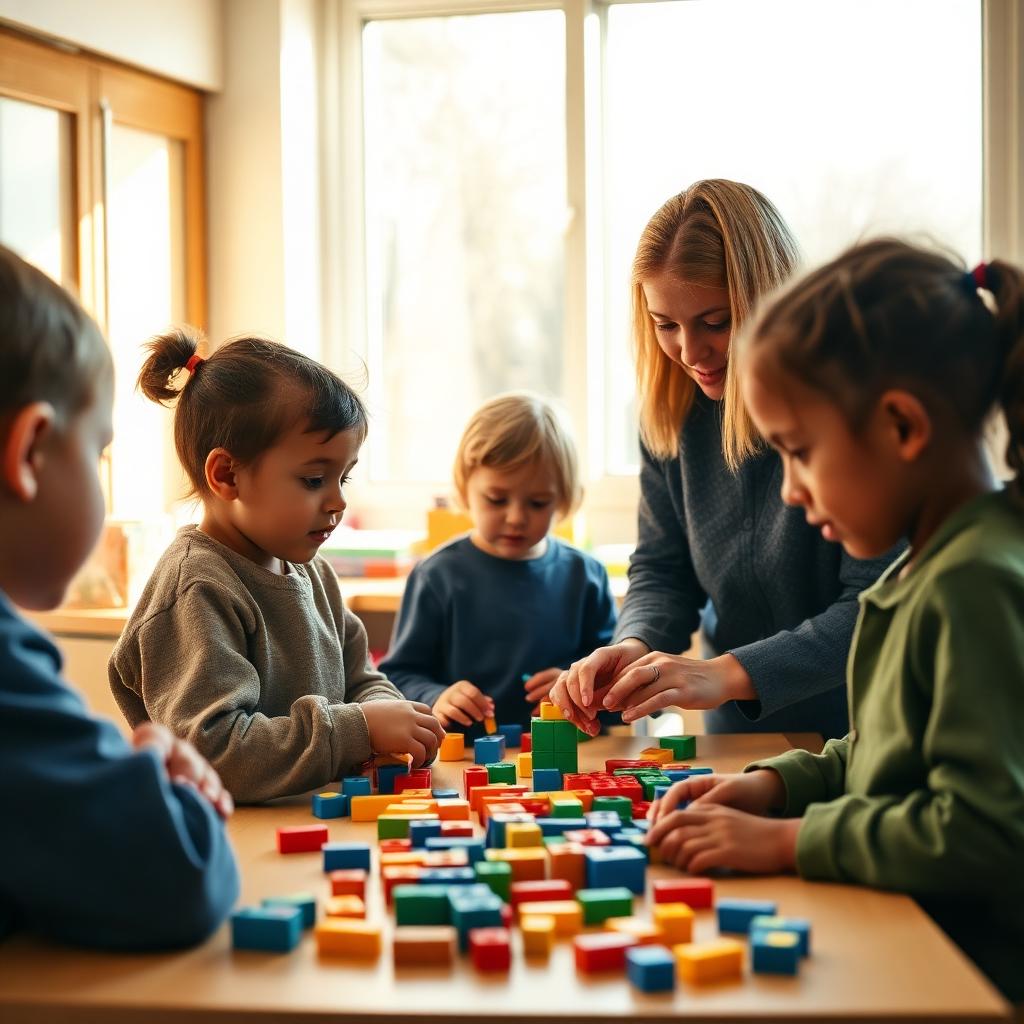 Young children building with blocks alongside a teacher in a sunlit STEM classroom