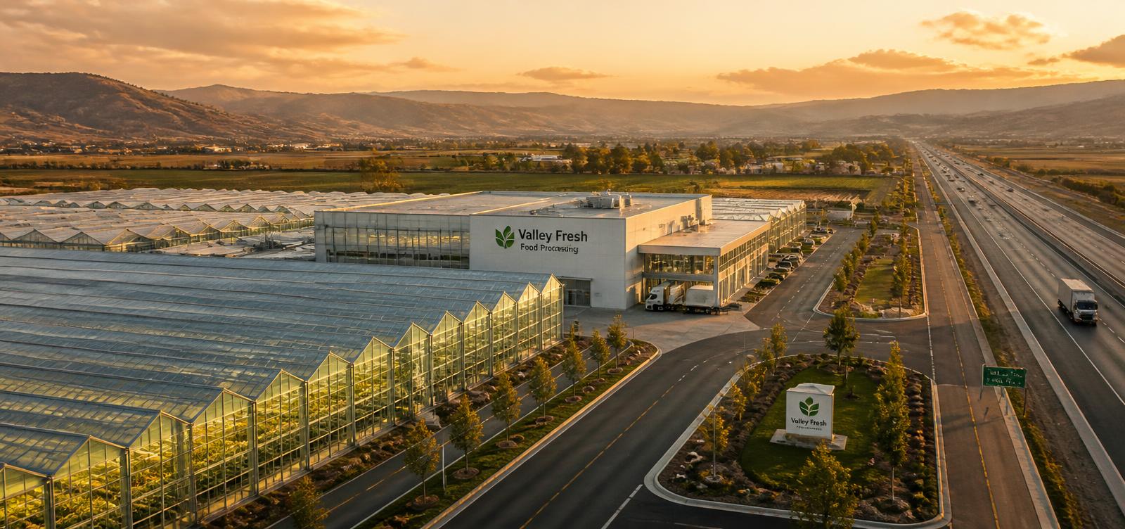 Aerial view of a modern greenhouse and food processing campus beside a new highway corridor
