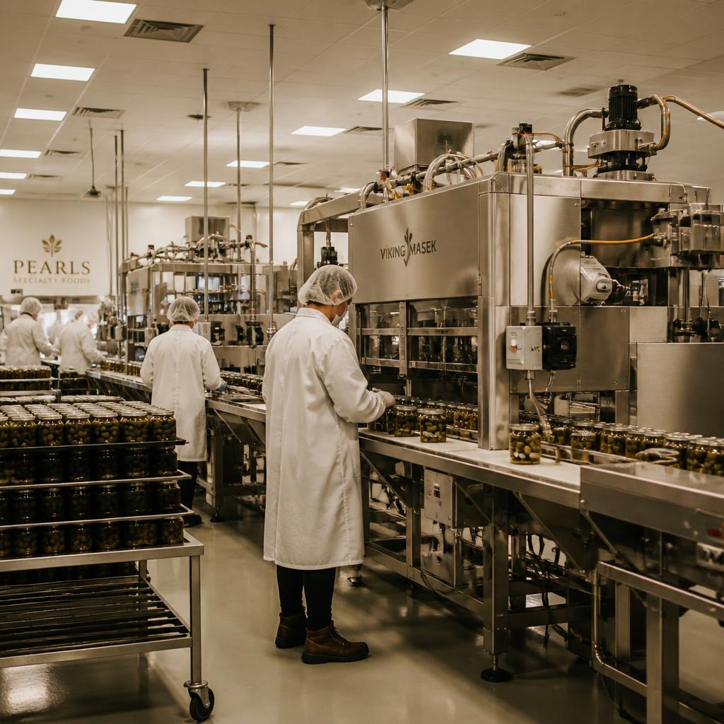 Workers on a clean, modern stainless-steel food processing line