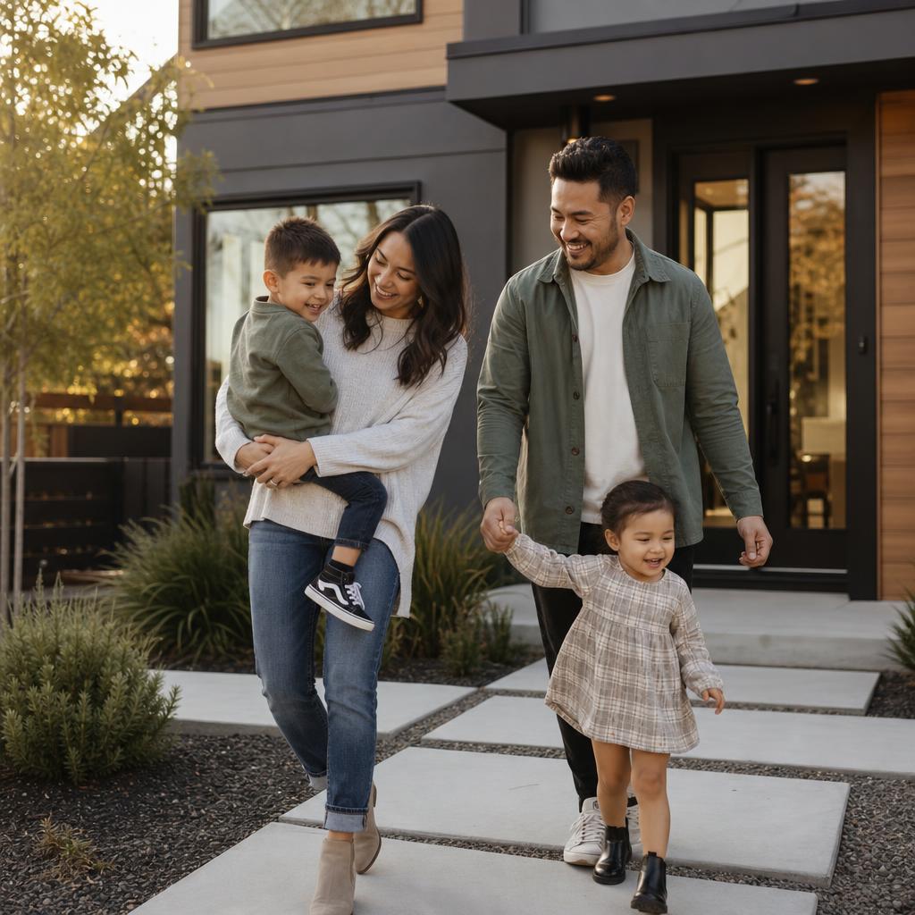 A young family walking together outside a newly built modern home in a contemporary neighborhood