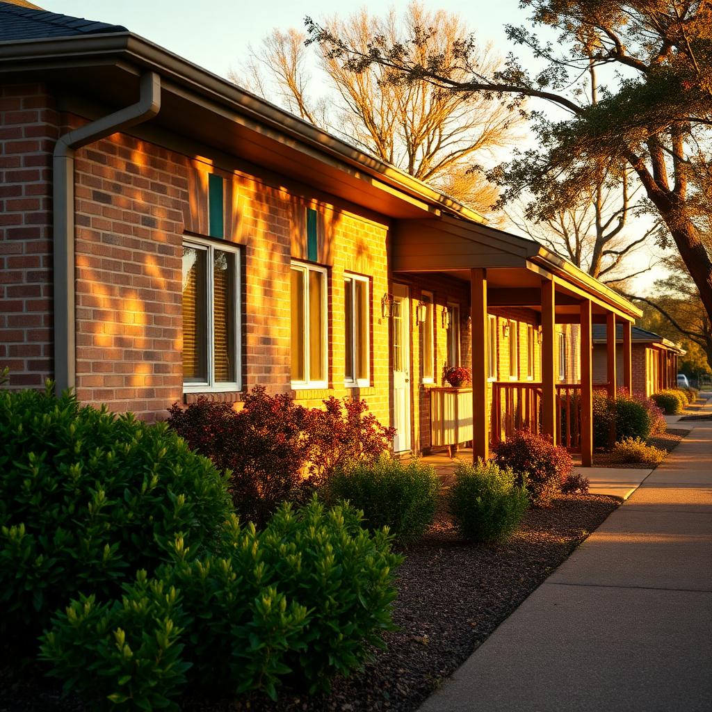 Brick senior living community with covered porches at golden hour