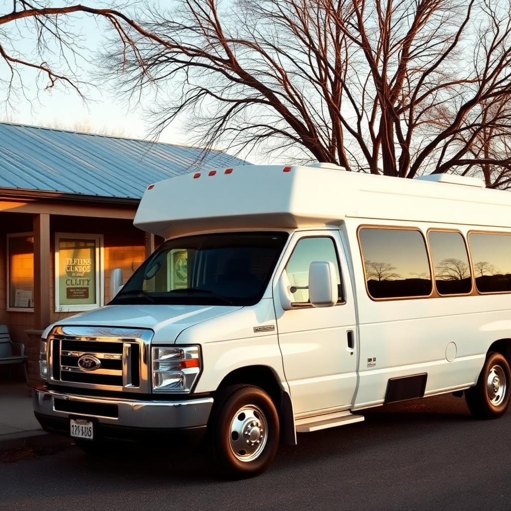White shuttle van parked outside a rural clinic